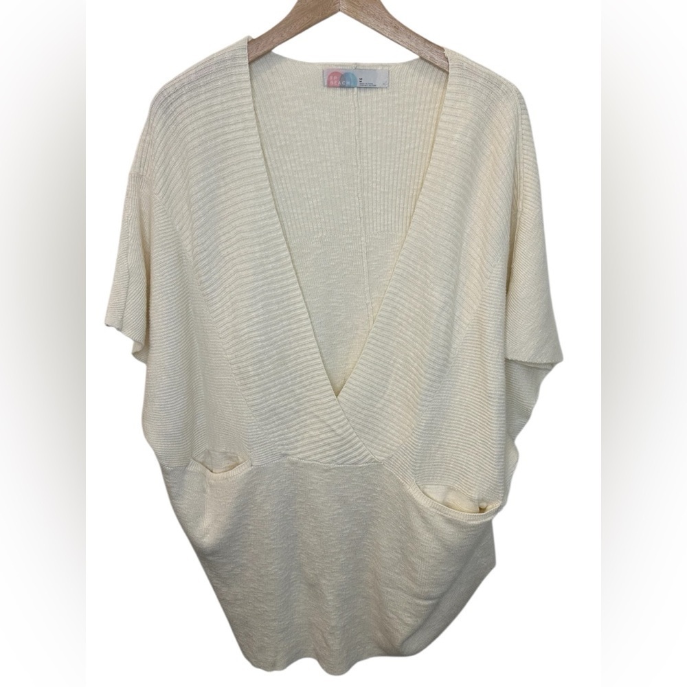 Free People Beach Jaclyn Tunic Sweater Cream Knit V-Neck Medium Linen Blend